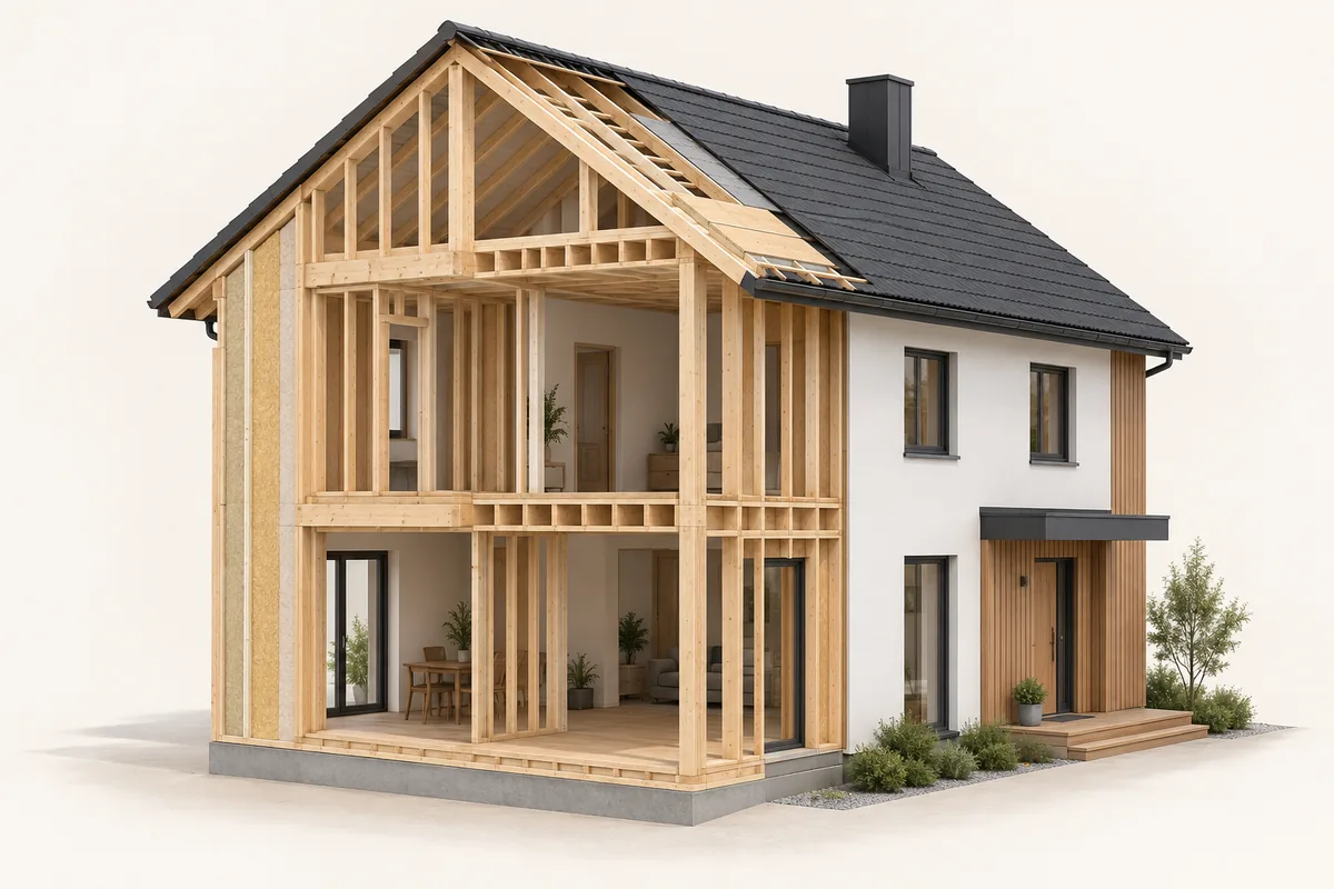 Casă cu structură din lemn parțial vizibilă — concept